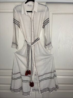 Zara White Maxi Shirt Dress with Red and Black Embroidery